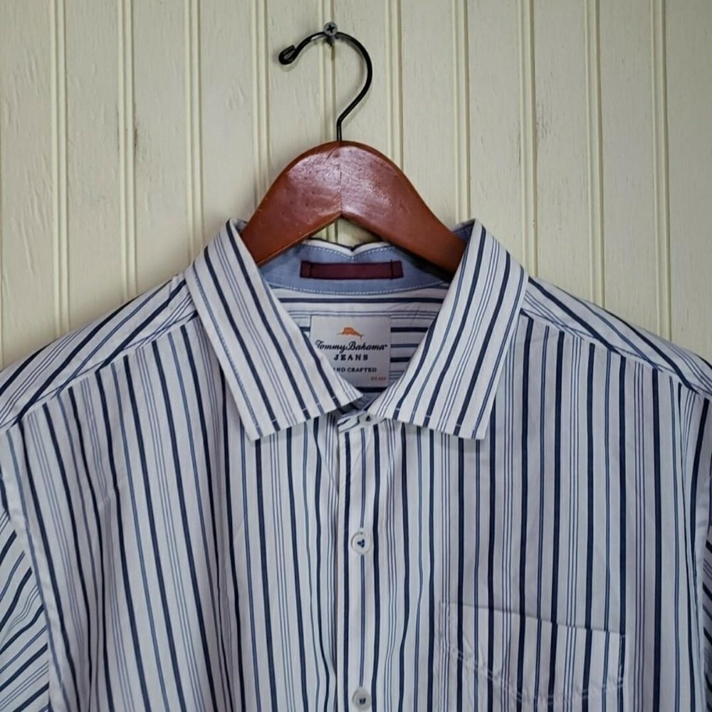 Tommy‎ Bahama Jeans Shirt Mens XL White Blue Stripe Long Sleeve Button-Up Island